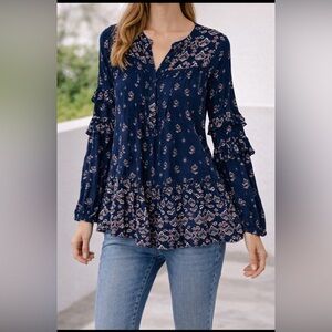 Blue Boho Ruffle Sleeve Peplum Blouse Long Sleeve Printed Top medium